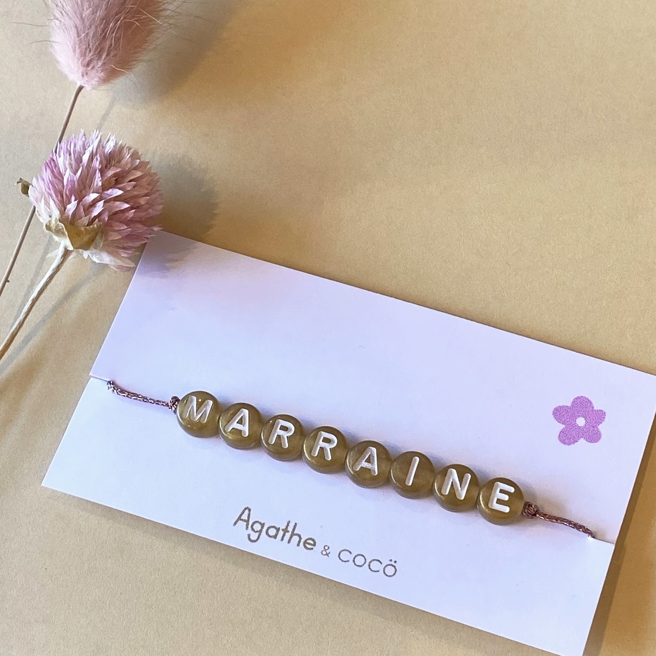 Bracelet MARRAINE - Doré et fil irisé rose